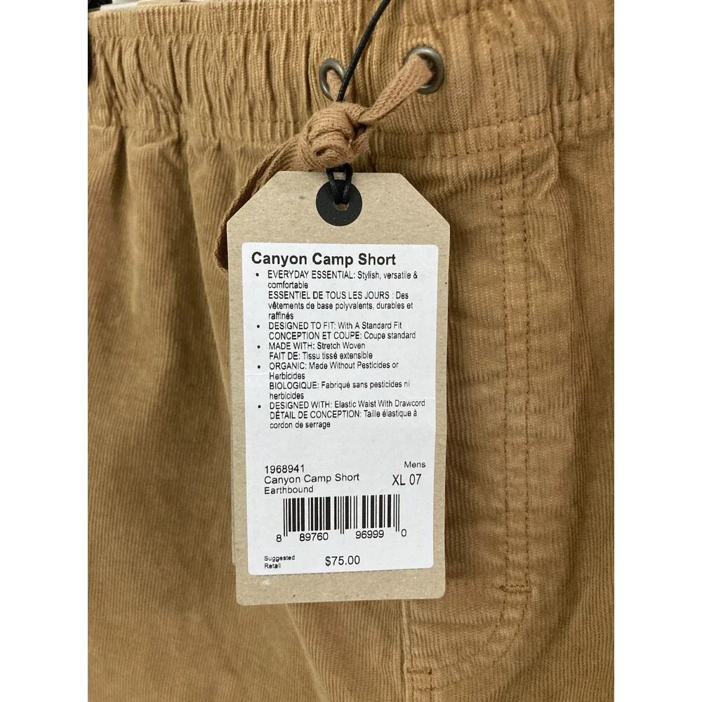 Men's prAna Canyon Camp Short Corduroy Drawstrings Brown Size XL NWT